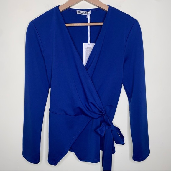 NWT Grace Karin Women’s Small Blue Wrap Long sleeve  Top With Tie Around Waist - Picture 2 of 14
